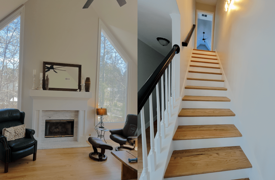 Wood staircase and fireplace