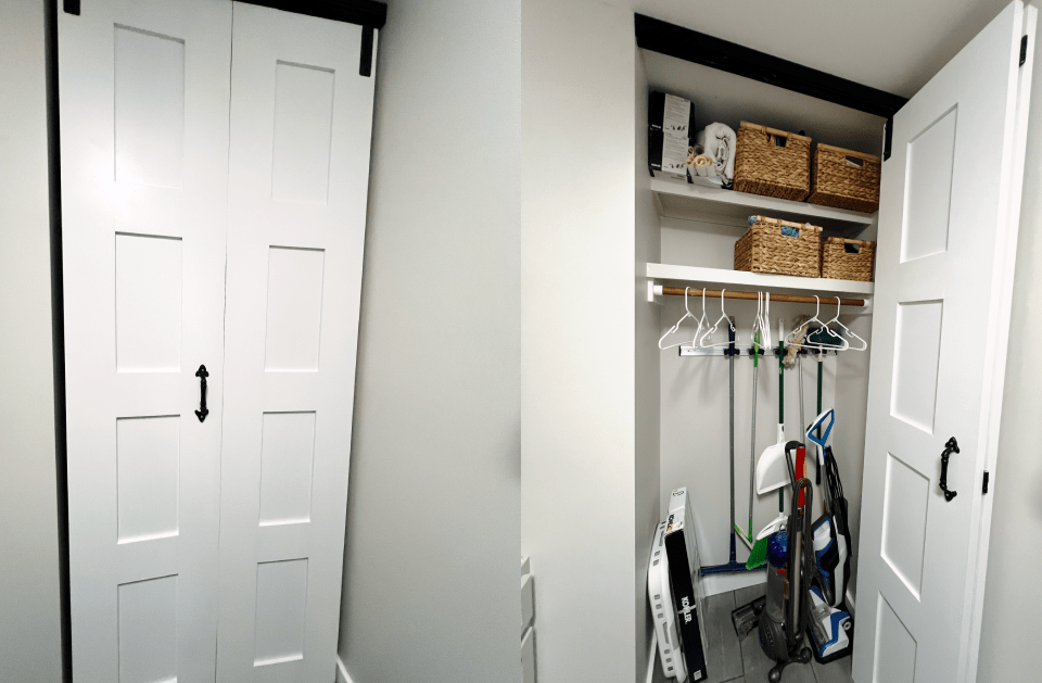 Custom storage closet with shelving and white doors